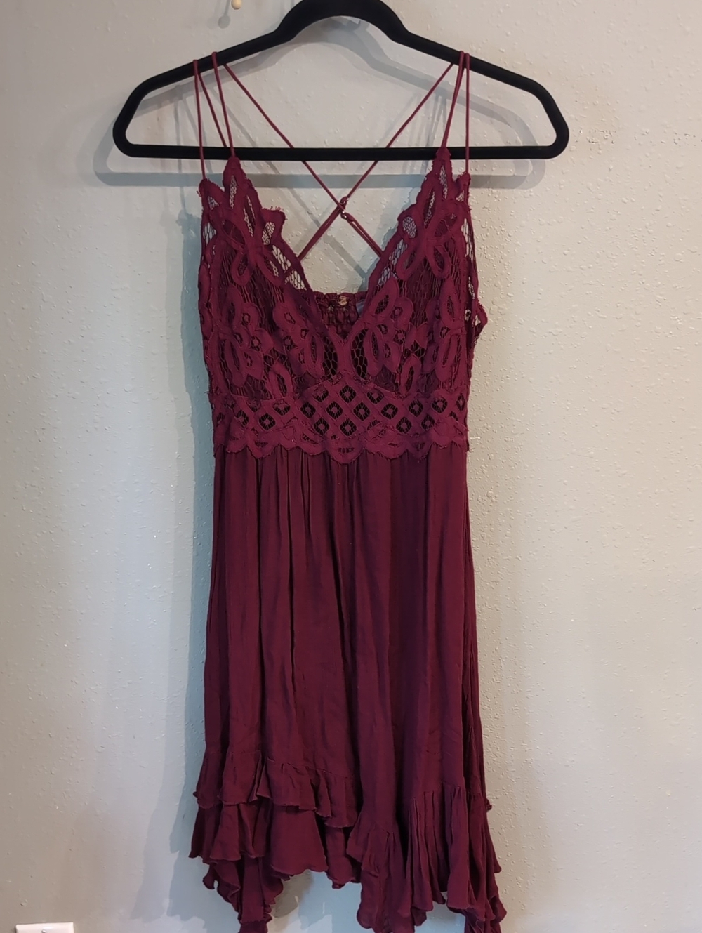 Free People Boho Lace Bodice Spaghetti-Strap Mini Dress in Burgundy